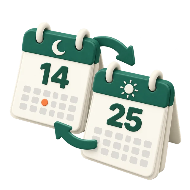 Two desk calendars, Hijri and Gregorian, connected by arrows