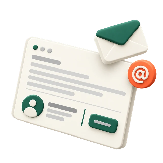 Email card with a signature block, envelope and @ badge