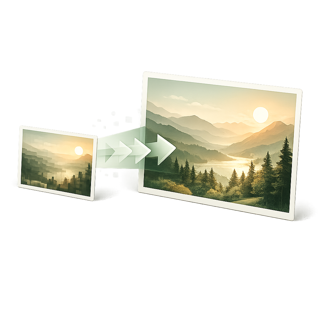A small pixelated photo enlarged into a sharp, detailed image